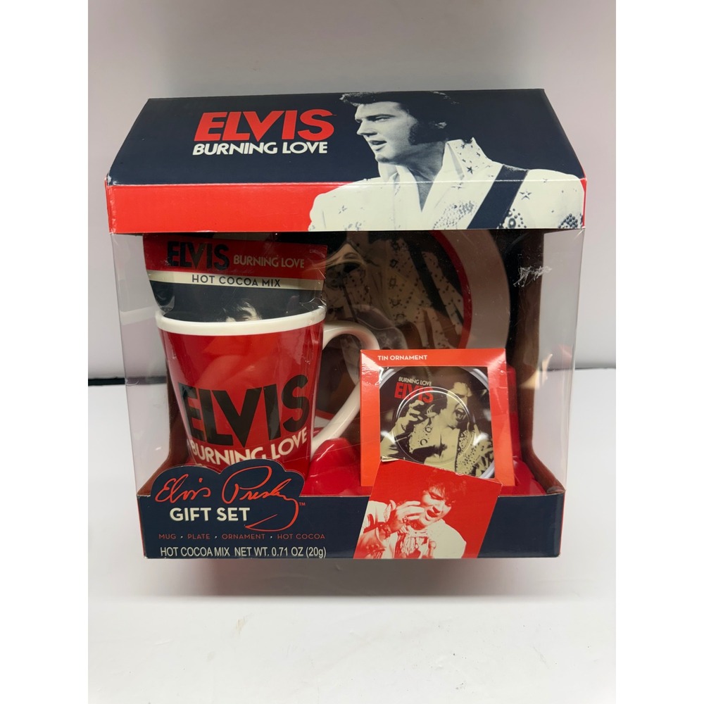 Elvis Presley Burning Love Gift Set Mug Plate Tin Ornament Hot Cocoa Mix New